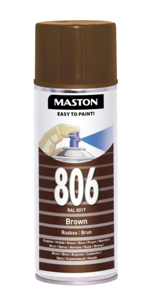 Ruskea spraypurkki, jossa on kansi ja etiketti.