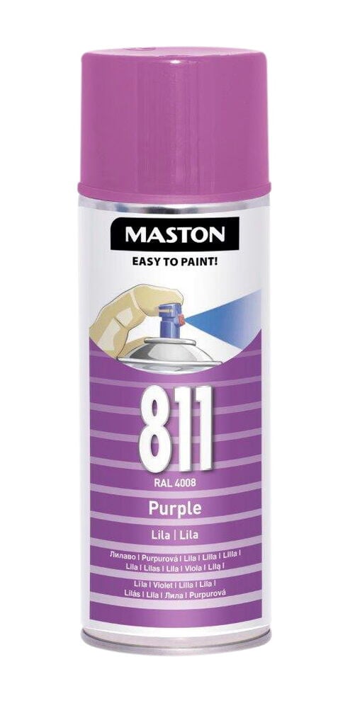 Violetti spraypurkki, jossa muovikansi ja etiketti.