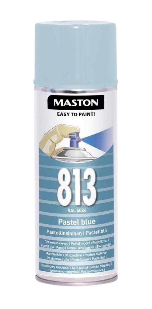 Spraypullo, jossa pastellinsininen kiiltävä kansi ja etiketti.