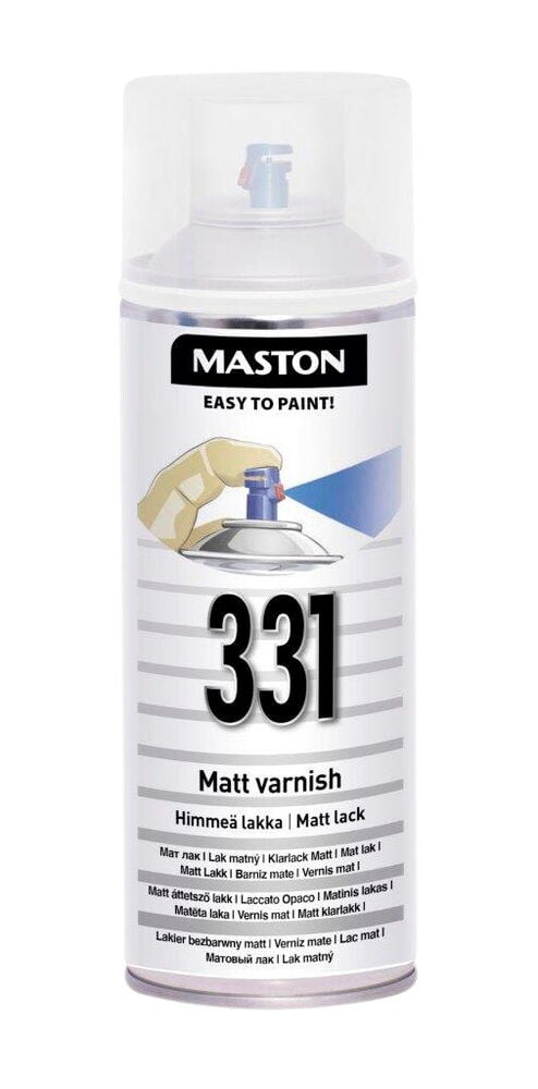 Valkoinen spraypurkki Maston mattalakka 331 etiketti edessä.