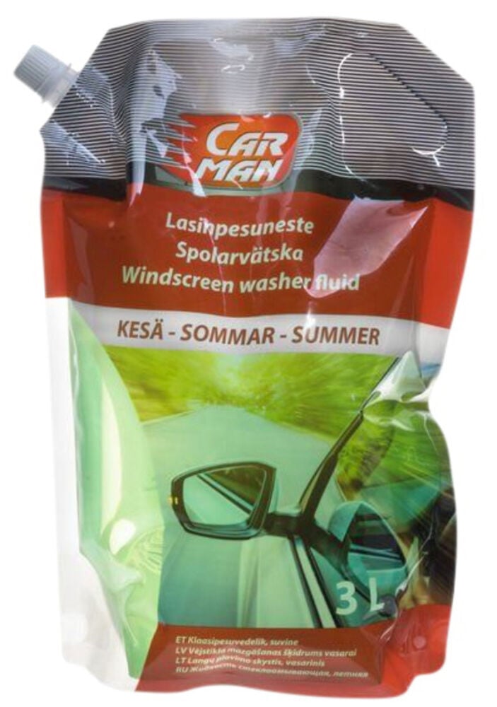 Sininen 3 litran Carman kesän lasinpesuneste autoille.