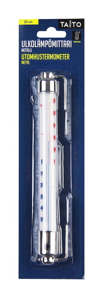 Metallinen ulkolämpömittari pakkauksessa sinistä taustaa vasten.