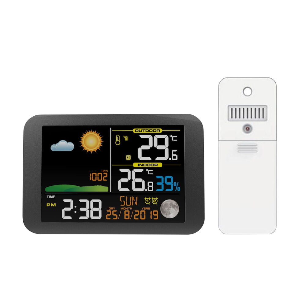 Digitaalinen sääasema, jossa on värinäyttö ja valkoinen ulkotunnistin.