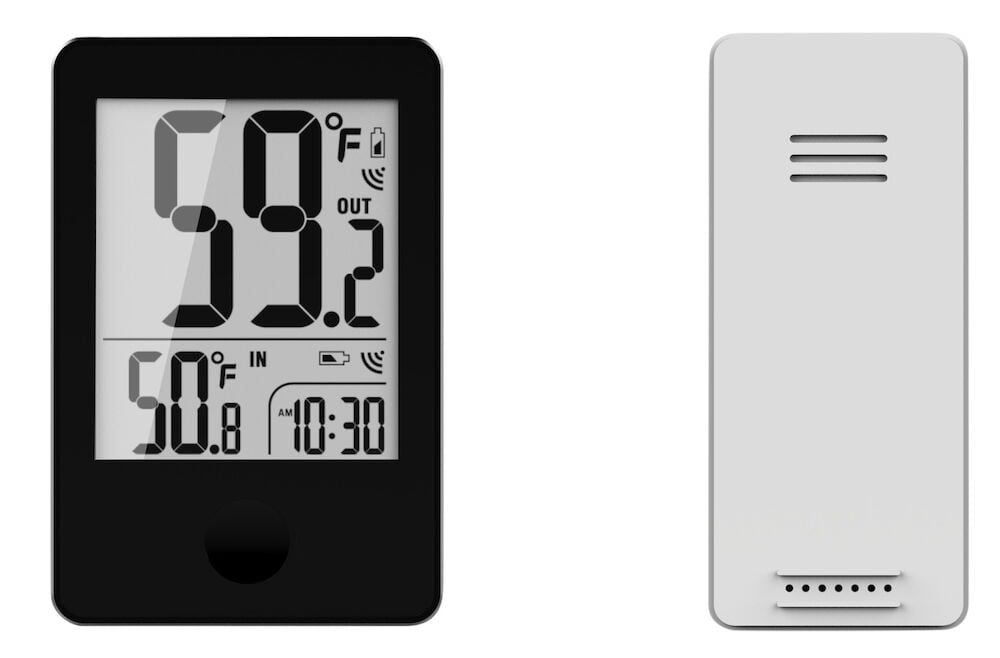 Digitaalinen lämpömittari, jossa on suuri näyttö ja valkoinen tausta.