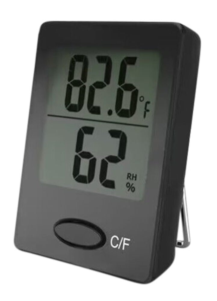 Musta digitaalinen lämpömittari-hygrometri LCD-näytöllä.