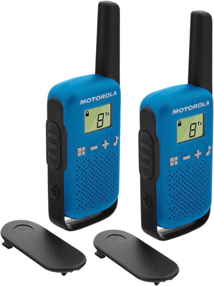 Kaksi sinistä walkie-talkieta näytöllä ja vyöklipseillä.