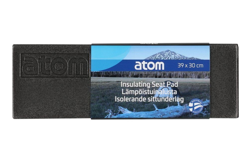 Taitettavaa mustaa istuinalustaa, jossa etiketti ja logo.