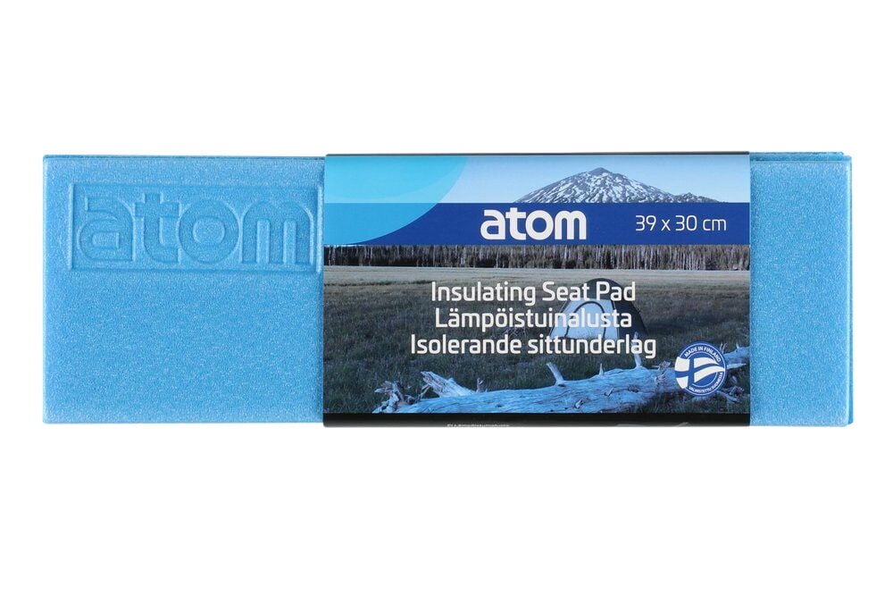 Sininen eristävä istuintyyny, jossa on etiketti.