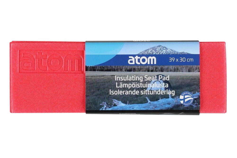 Taitettava punainen istuintyyny etiketillä ja logolla.