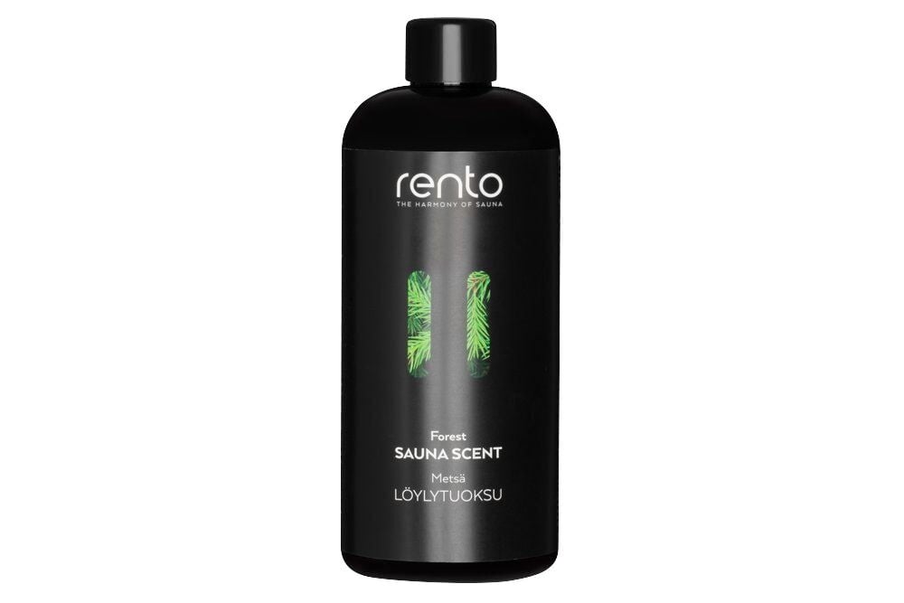 Musta pullo, jossa vihreä kuvio ja muovikorkki.