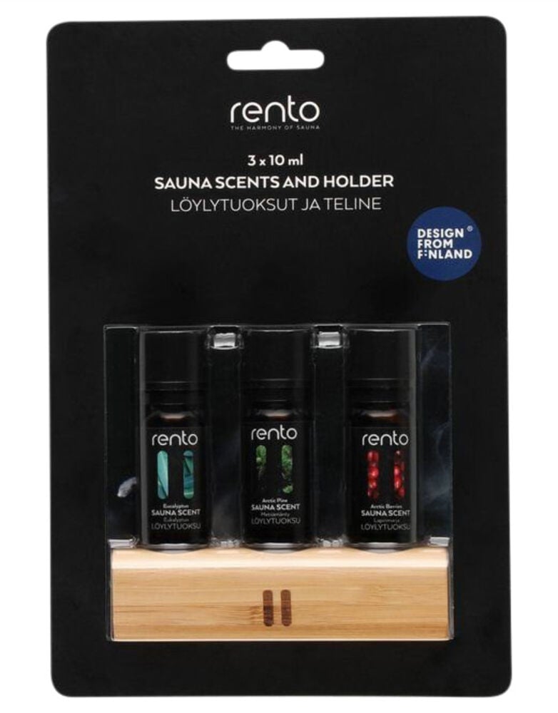 Kolme pientä pullollista saunan tuoksua bambutelineessä.