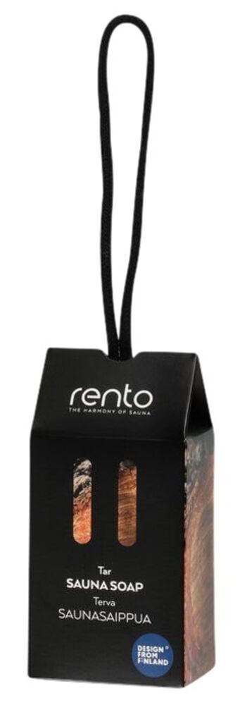 Musta saippuapakkaus, jossa juuttinaru ripustamista varten.