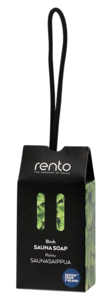 Musta pakkaus, jossa saippuapakkaus ja roikkuva naru.