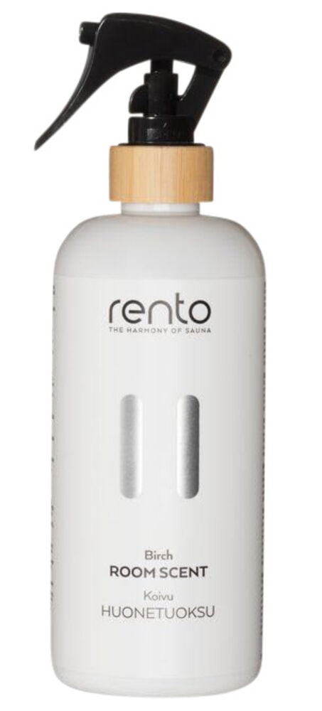 Valkoinen suihkepullo mustalla suuttimella ja puuyksityiskohdalla.