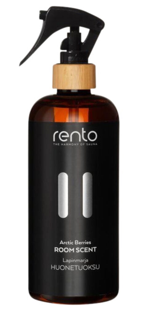 Ruskea suihkepullo mustalla etiketillä ja puuyksityiskohdalla.