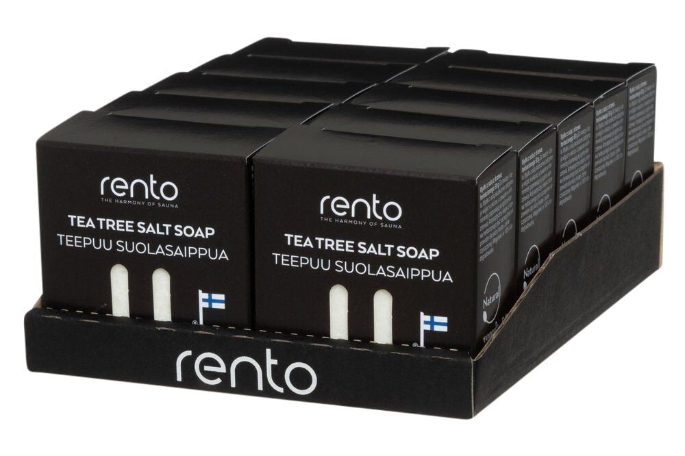 Musta pahvi, jossa useita saippualaatikoita näytössä.