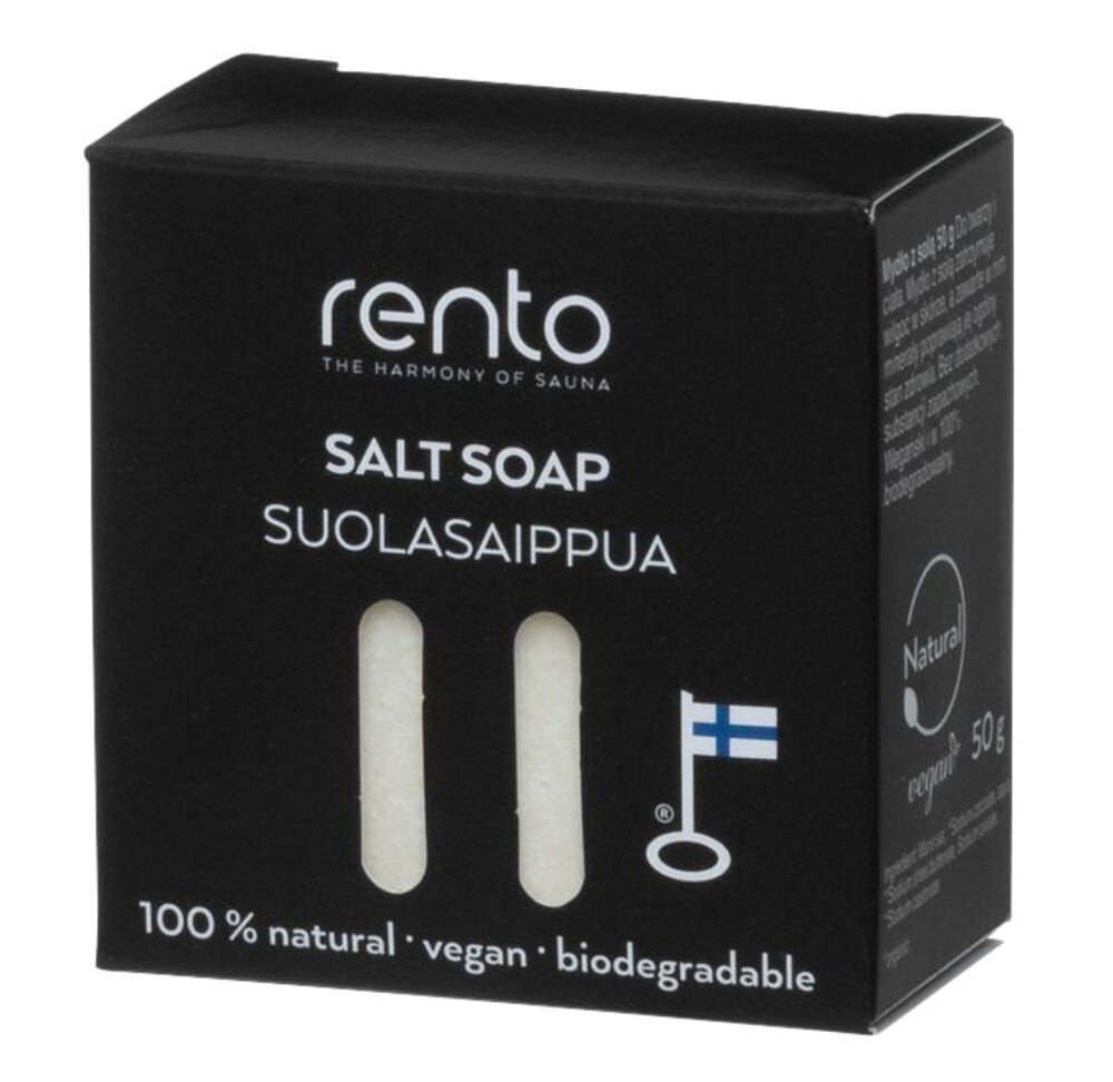 Musta kartonki, jossa näkyvissä kaksi valkoista saippuakappaletta.