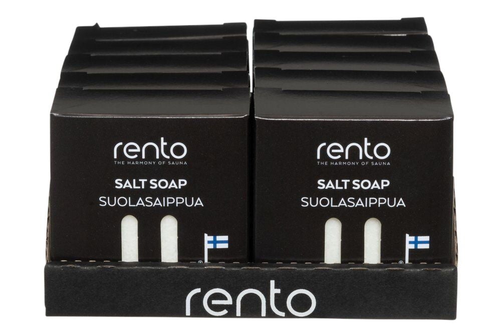 Musteita laatikoita, joissa on valkoinen suolasaippua Rentolta.