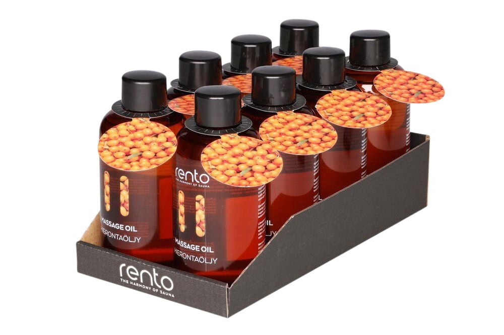 Yhdeksän pulloa hierontaöljyä avoimessa pahvilaatikossa.