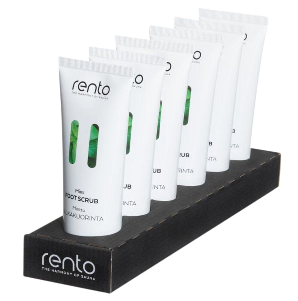 Kuusi valkoista putkiloa jalkakuorintaa mustassa telineessä.