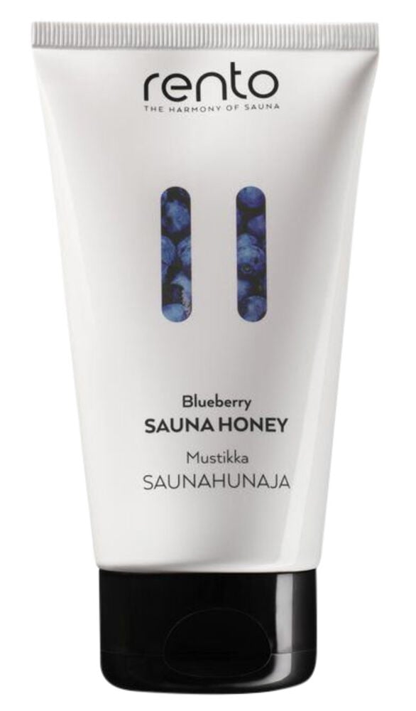 Valkoinen putki mustalla kannella ja mustikkakoristeella.