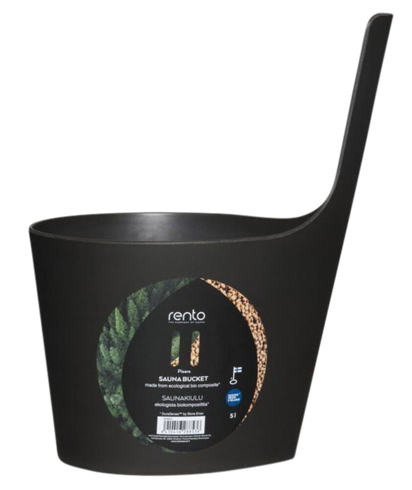 Musta saavi, jossa on pitkä kahva ja moderni muotoilu.