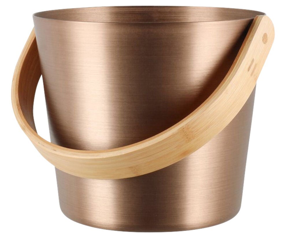 Samppanjanvärinen saavi saunaan alumiinista bambukahvalla.