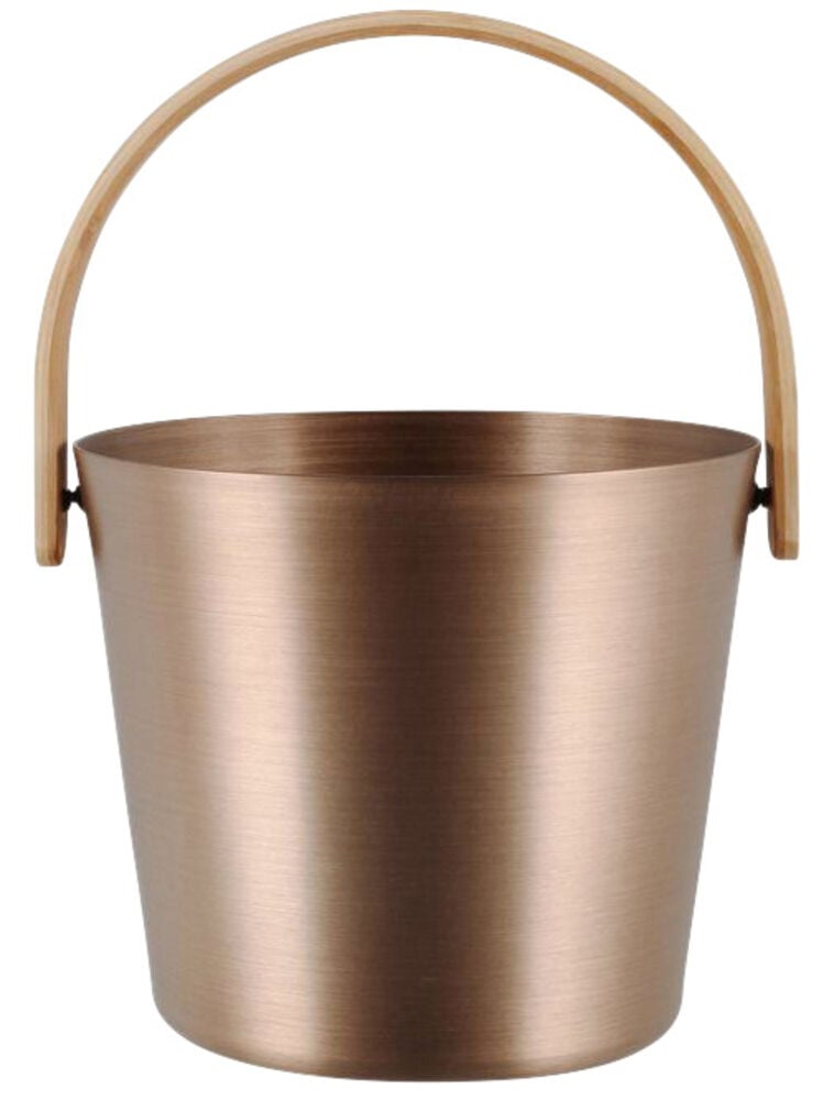 Samppanjanvärinen saavi alumiinista, bambukahvalla.