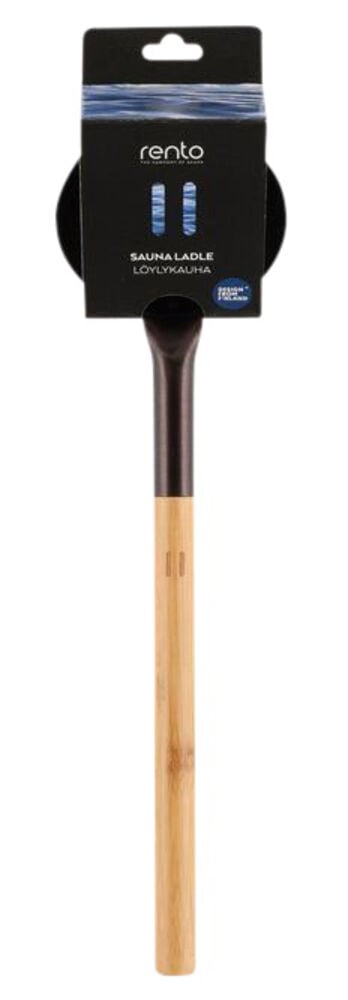 Saunakauha ruskeaa alumiinia, jossa musta bambuvarsi.