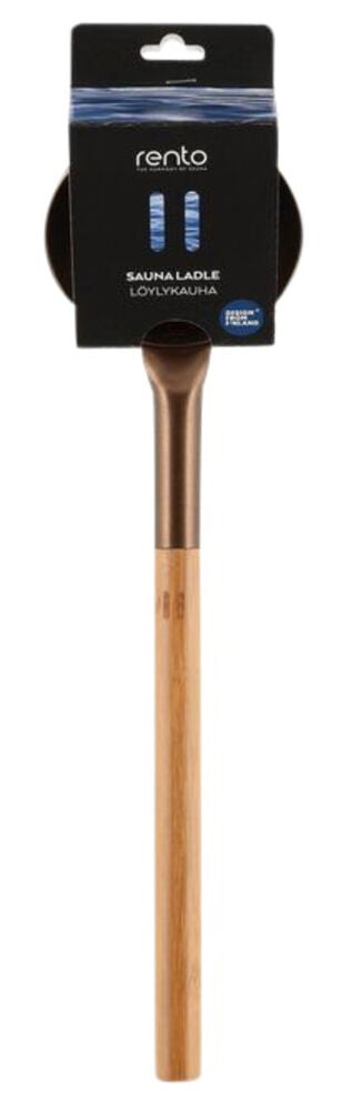 Alumiinista valmistettu saunakauha bambukahvalla ja etiketillä.