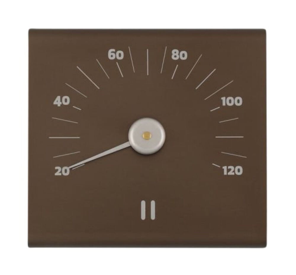 Ruskea saunamittari alumiinista selkeällä celsiusasteikolla.