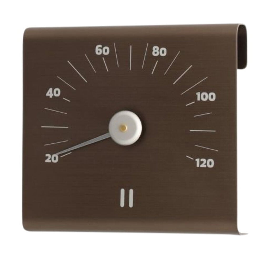 Ruskea alumiininen saunamittari, jossa on selkeät numerot.