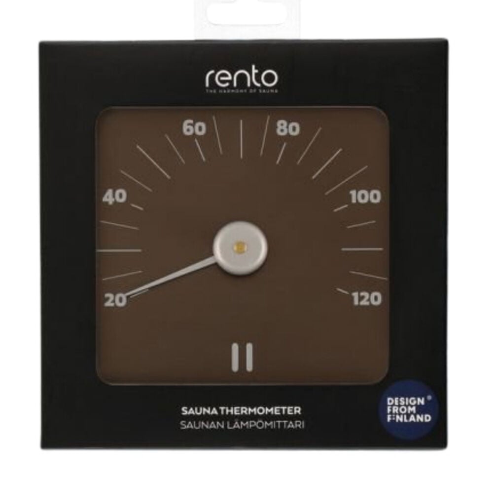 Ruskea ja musta saunatermometri nelikulmaisessa muodossa.