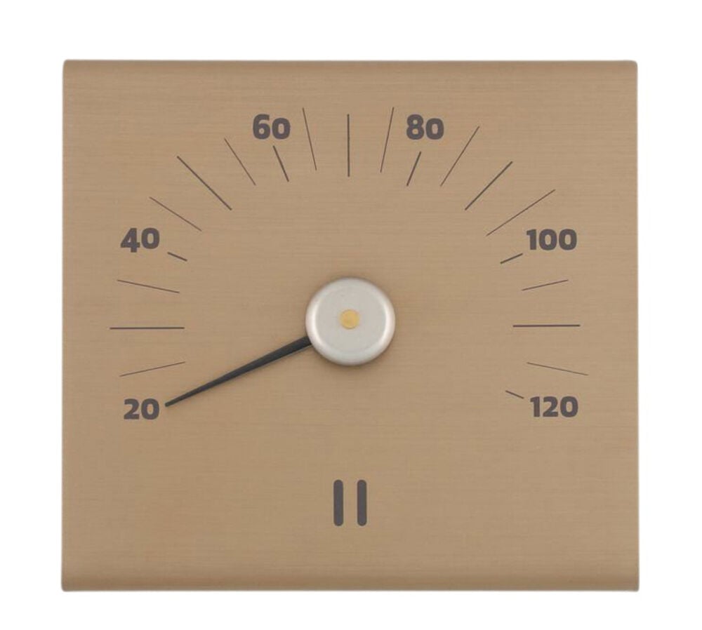 Shampanjanvärinen saunatermometri harjatusta alumiinista.