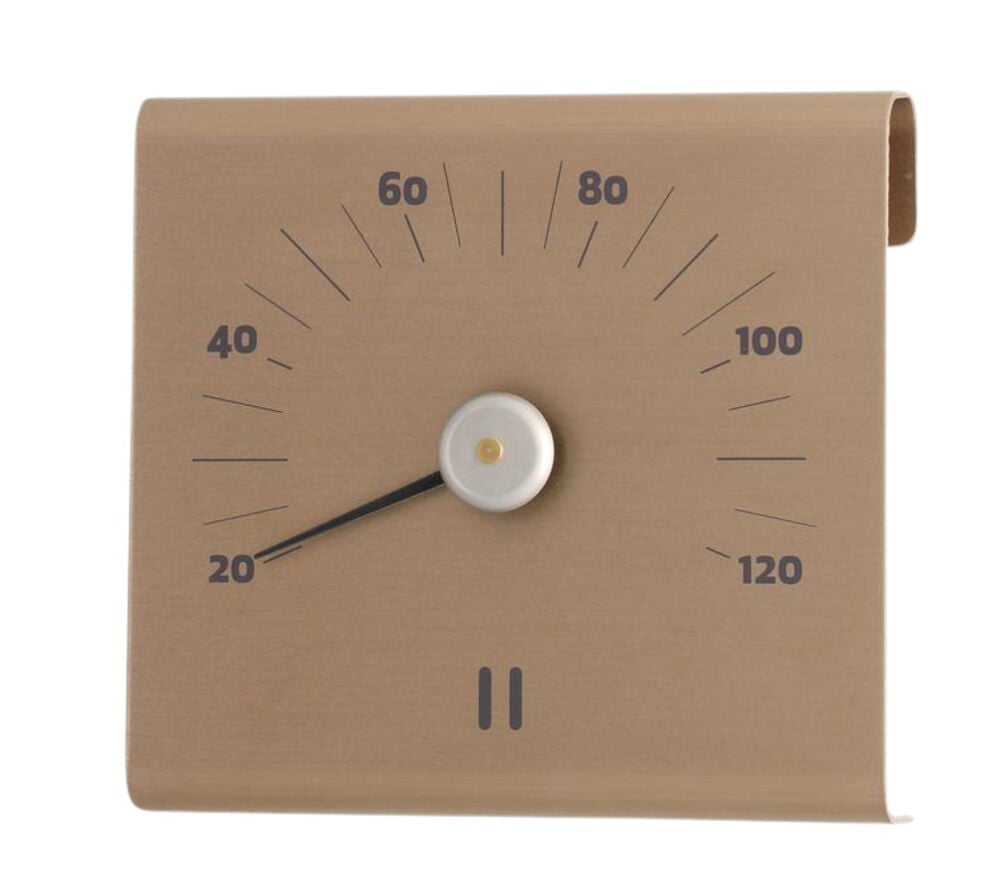 Samppanjanvärinen alumiininen saunatermometri mustin numeroin.