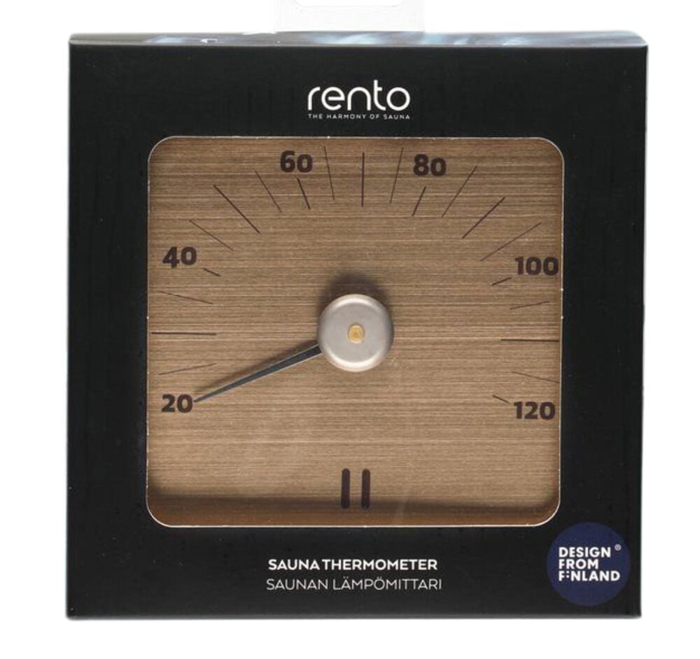 Samppanjanvärinen neliönmuotoinen saunatermometri alumiinista.