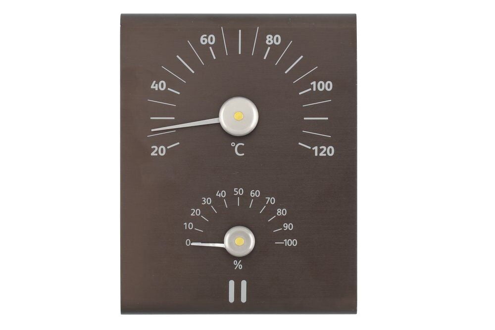 Ruskea saunatermometri ja -hygrometri eloksoidusta alumiinista.