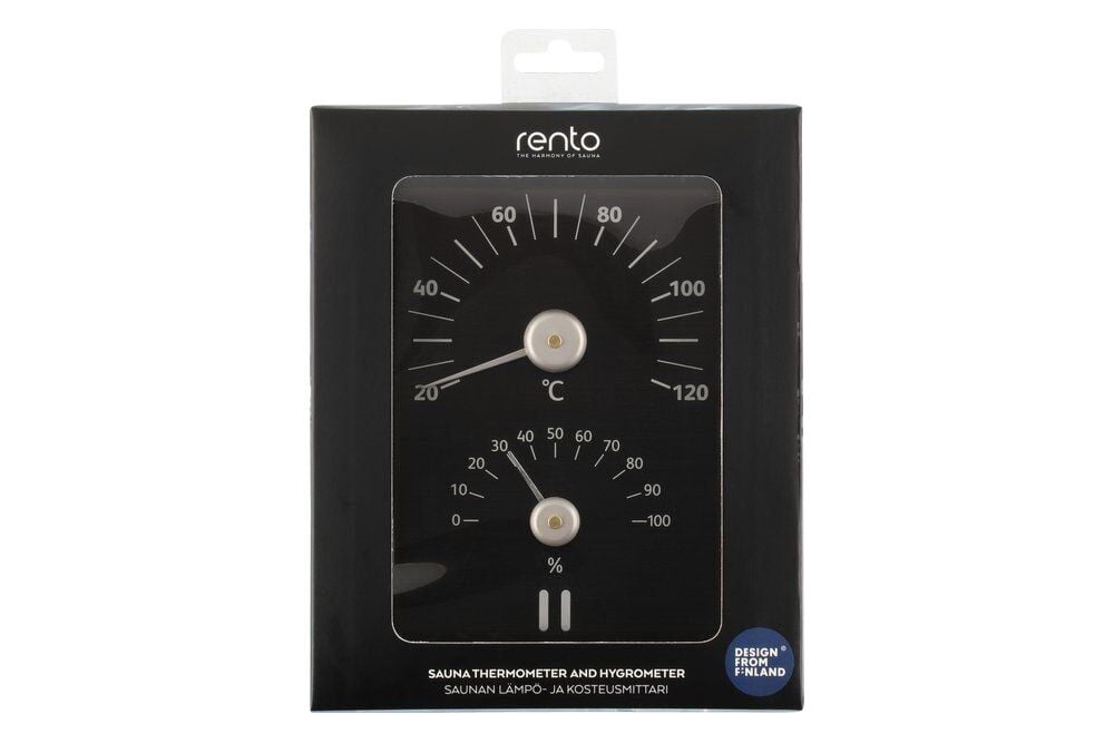 Musta sauna- ja kosteusmittari tyylikkäässä pakkauksessa.