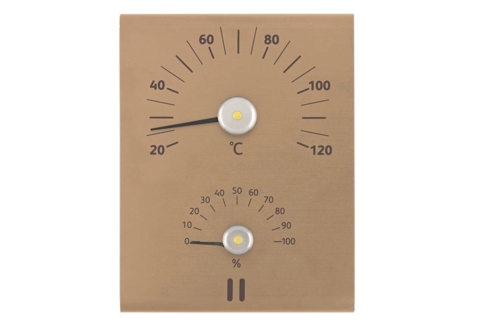 Suorakulmainen samppanjanvärinen saunamittari, jossa on hygrometri.