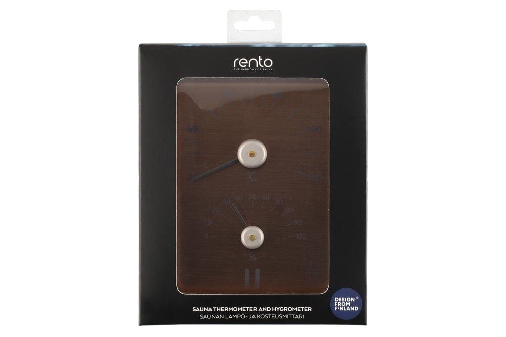 Suorakulmainen saunatermometri ja hygrometri sampanjanvärisenä.