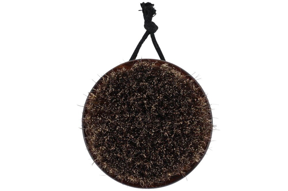 Pyöreä vartaloharja tummilla luonnonharjaksilla ja narulla.