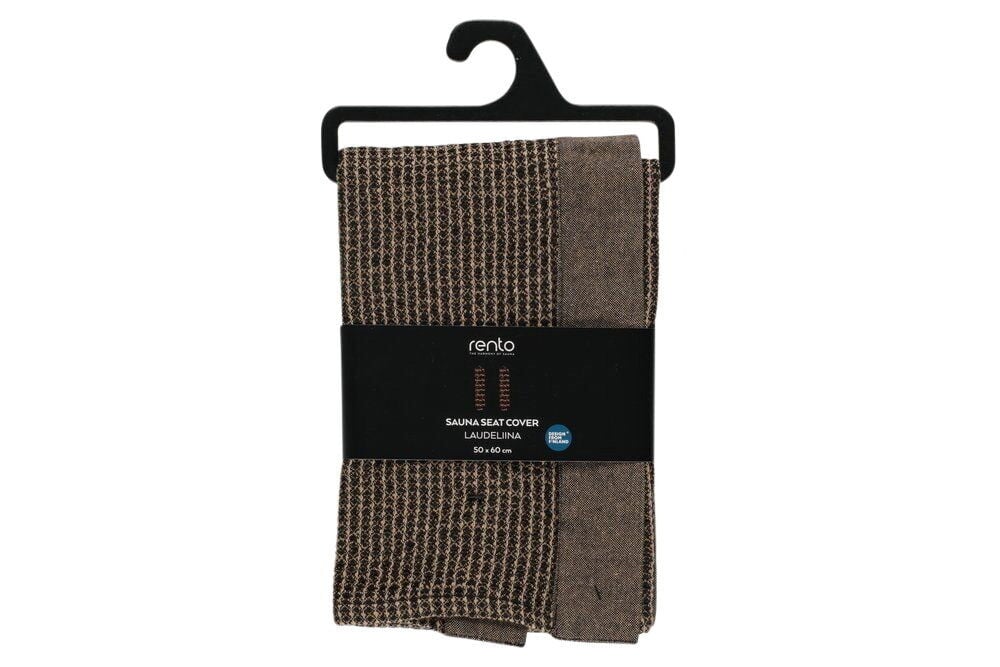 Musta ja beige saunapyyhe taitettuna henkarille.