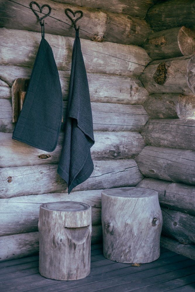Kaksi mustanharmaata saunapyyhettä roikkuu puuseinällä.