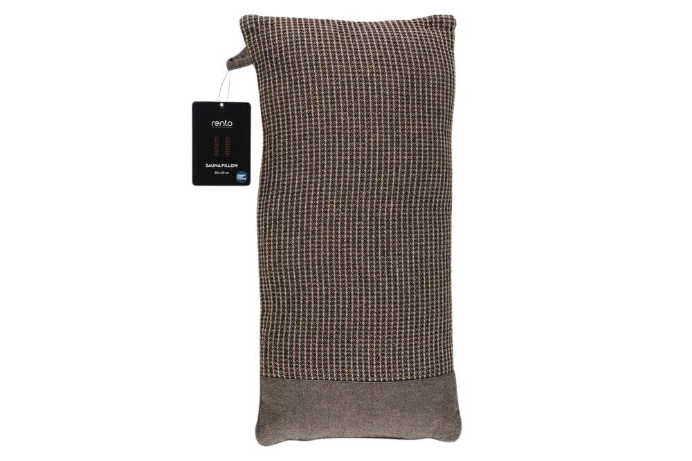 Suorakaiteen muotoinen saunatyyny musta ja beige kangas.