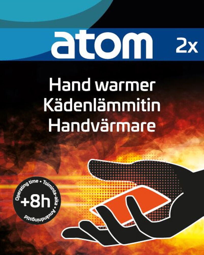 Käsienlämmittimet mustassa pakkauksessa, jossa on tulinen tausta.