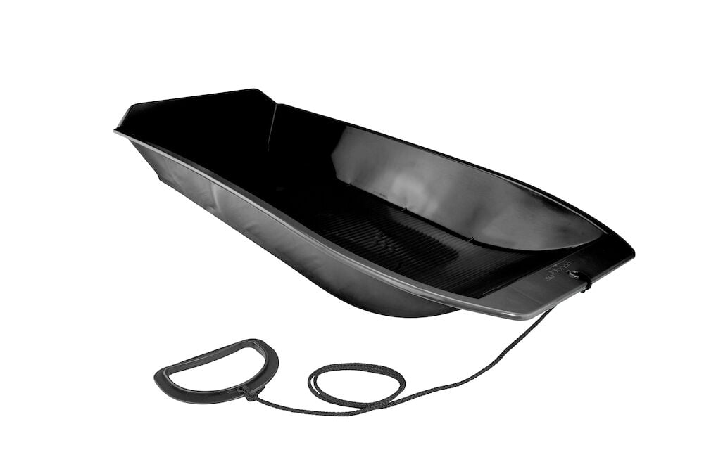 Musta muovipulkka vetonarulla ja kahvalla.