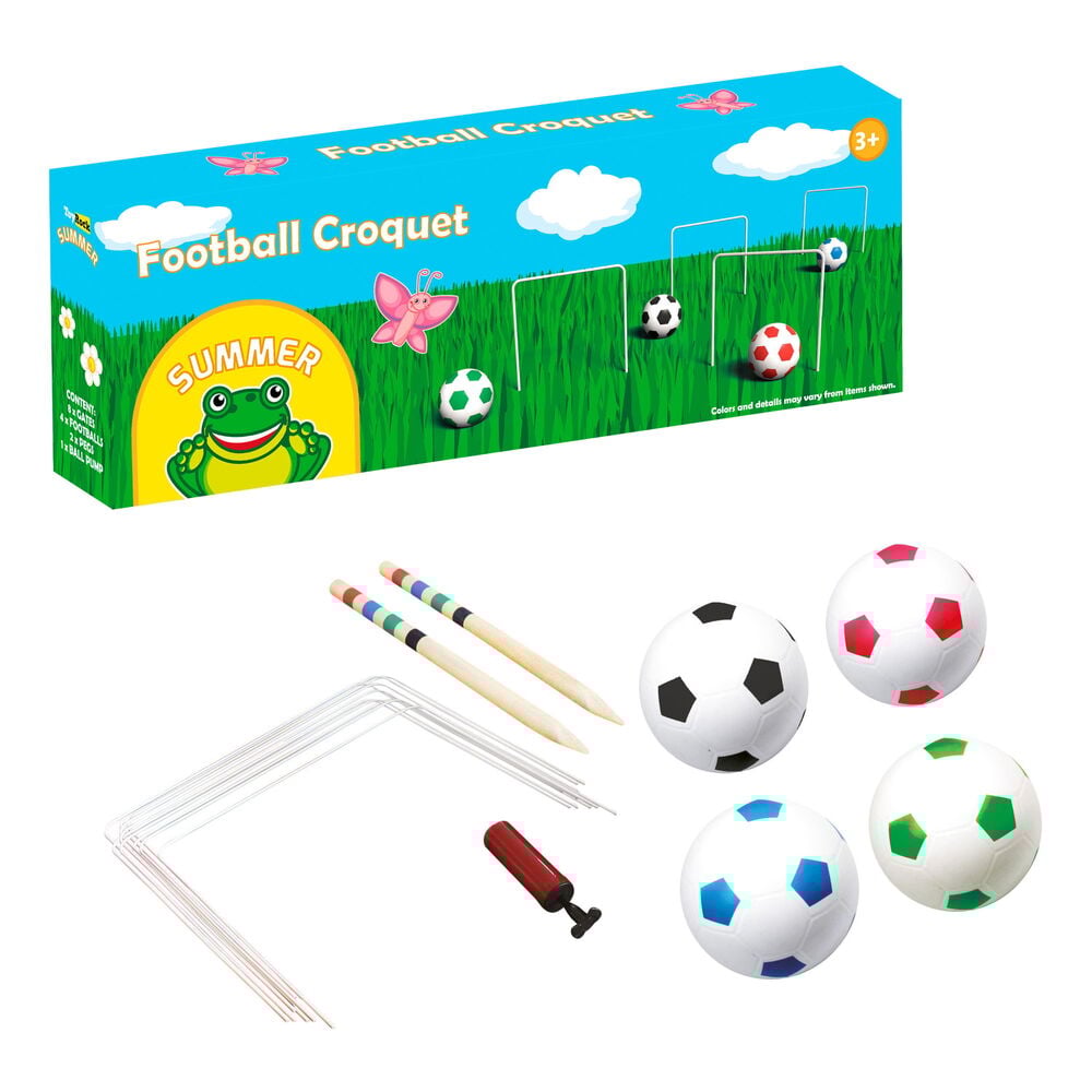 Neljä värikästä muovipalloa, puutikut, maalit ja käsipumppu.