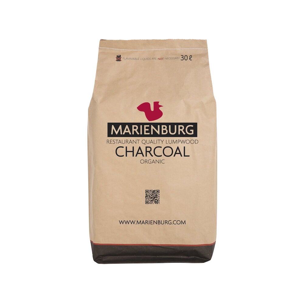 Ruskea paperipussi Marienburg-grillihiilellä, kolmekymmentä litraa.