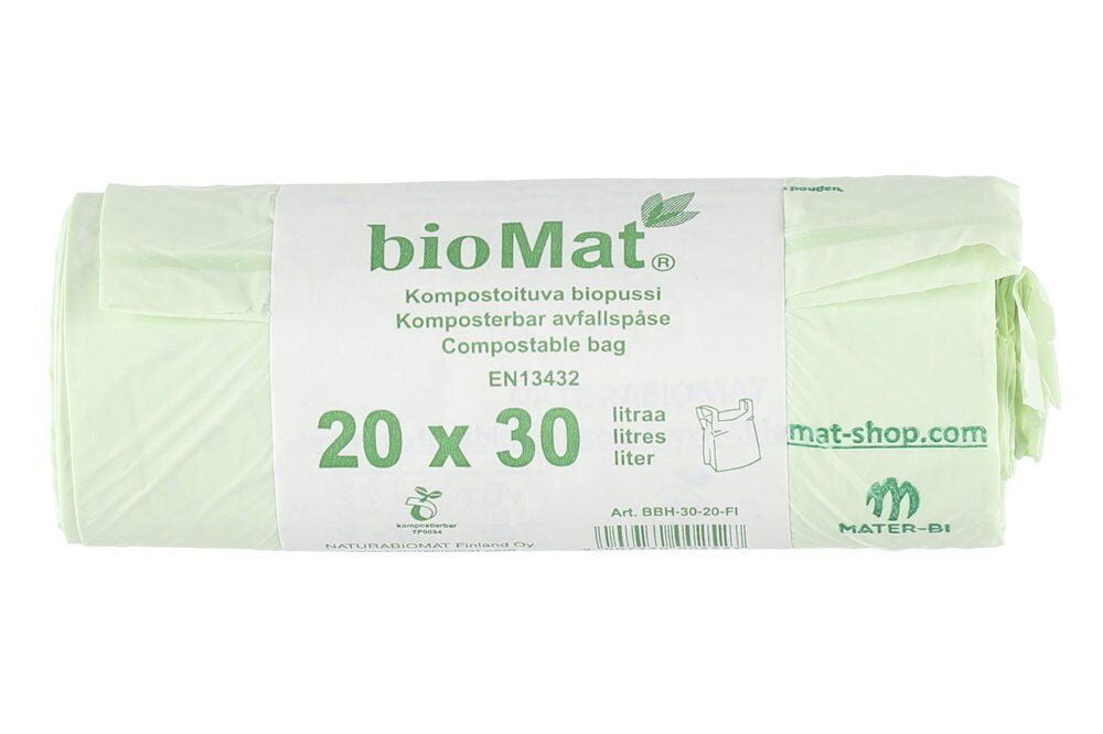 Rulla vihreitä kompostoituvia jätepusseja 20 x 30 litraa.
