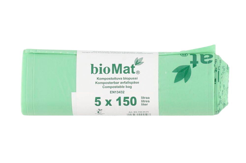 Viisi taitettua vaaleanvihreää kompostoitavaa roskapussia etiketillä.